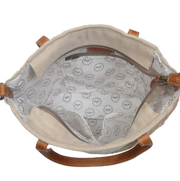 New! Myra Bag Repurposed Jute Canvas And Leather Market Tote Shoulder Bag - Picture 5 of 7